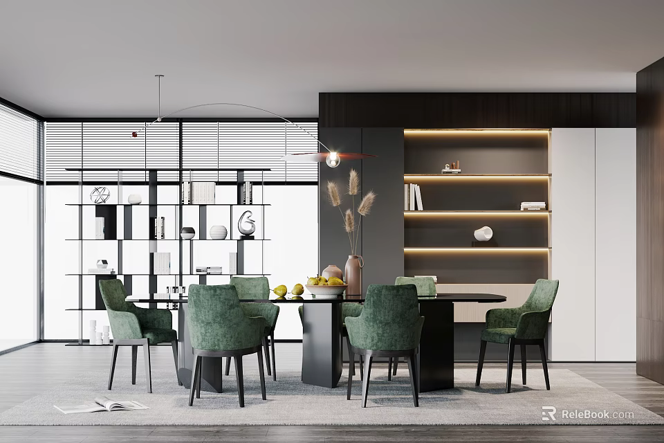 Modern Restaurant Dining Space With Green Chairs Round Table And Shelf Decorations 3d model