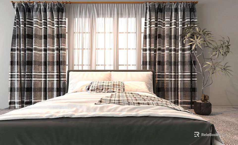 Plaid Curtains With Sheer White Panels For Cozy Bedroom Window And Bed Setting 3d model 