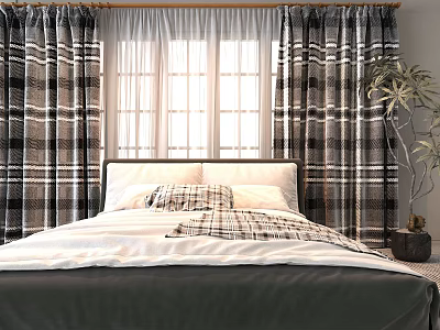 Plaid Curtains With Sheer White Panels For Cozy Bedroom Window And Bed Setting 3d model