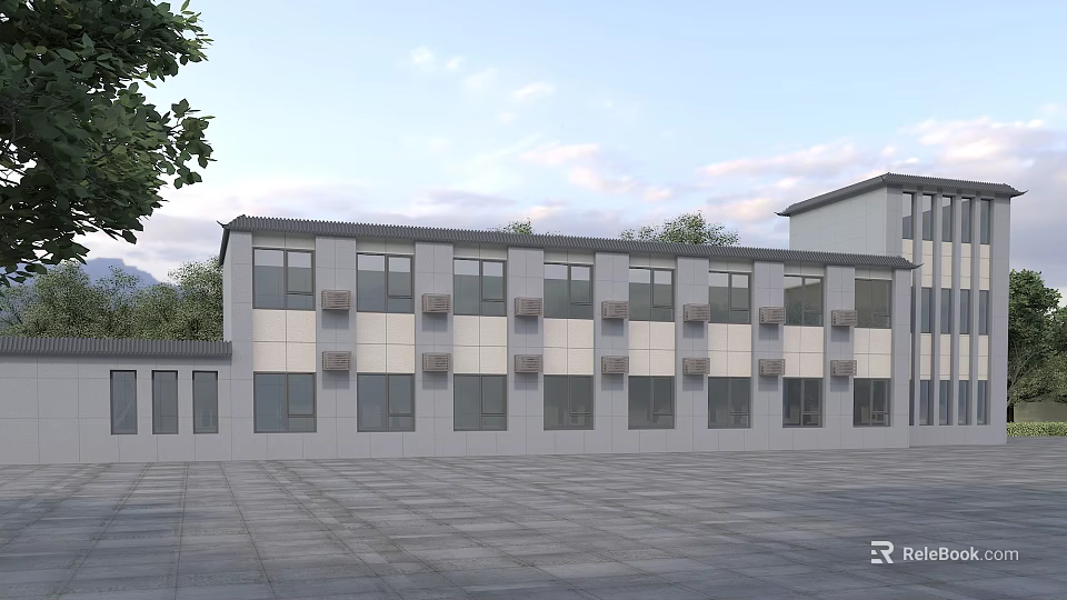 Multi story Office Building Exterior Design Featuring Gray Walls Windows Air Conditioners And Trees 3d model 