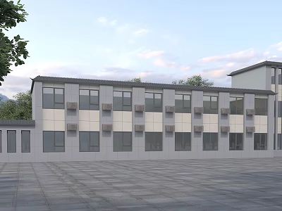 Multi story Office Building Exterior Design Featuring Gray Walls Windows Air Conditioners And Trees 3d model