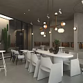 Modern Café Interior With Metal Sculpture White Bar Stools Coffee Machine And Cactus Plant