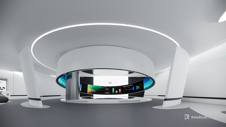 Modern Exhibition Hall Design With Circular Ceiling Lighting And Digital Display Screens 3d model 