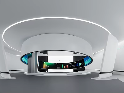 Modern Exhibition Hall Design With Circular Ceiling Lighting And Digital Display Screens 3d model
