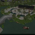 Stone Arch Bridge Over River With Traditional Buildings Small Boat Pedestrians And Green Plants