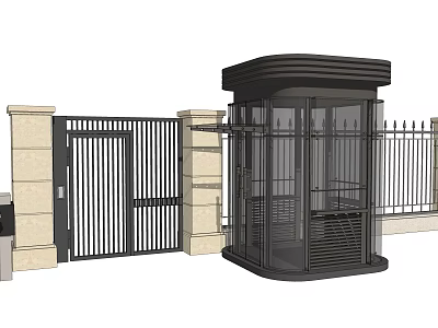 Modern Exterior Security Booth With Black Metal Gate And Stone Pillars 3d model