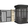 Modern Exterior Security Booth With Black Metal Gate And Stone Pillars