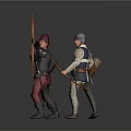 Two Men Holding Bows And Arrows Wearing Medieval Style Clothing With Red And Blue Hats