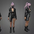 Woman With Pink Hair Wearing Mask Black Coat With White Stripes And Black Boots