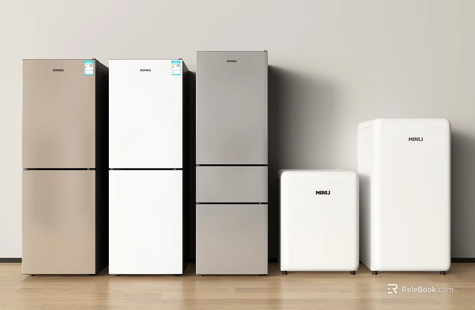 Different Styles of Refrigerators and Freezers in Golden White Silver Against Wall on Wooden Floor 3d model 