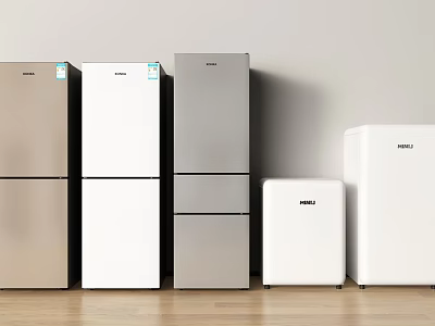 Different Styles of Refrigerators and Freezers in Golden White Silver Against Wall on Wooden Floor 3d model
