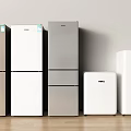 Different Styles of Refrigerators and Freezers in Golden White Silver Against Wall on Wooden Floor