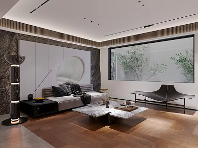 Modern Living Room Interior Design With Stylish Sofa Marble Coffee Table And Large Window 3d model