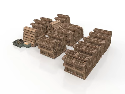 Arrangement Of Stacked Wooden Crates With Small Boxes Placed Nearby On White Surface 3d model