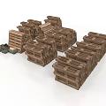 Arrangement Of Stacked Wooden Crates With Small Boxes Placed Nearby On White Surface