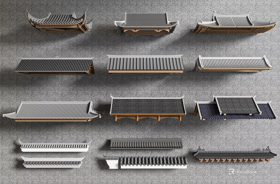 Traditional Chinese Architectural Components Various Roof Eave And Tile Roof Designs For Building Models 3d model 