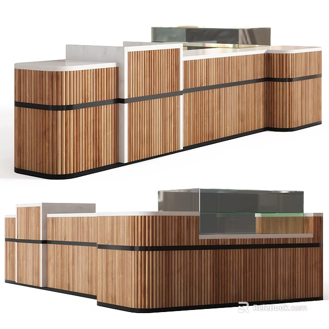 Modern Reception Desk Design With Wooden Slats Counter And Sleek Storage Elements 3d model 