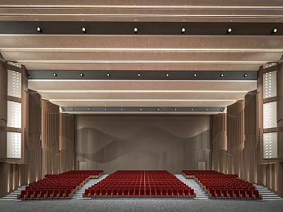 School Auditorium Interior With Red Seats Wooden Decorations And Stage Lighting 3d model