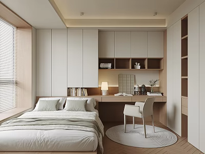 Tatami Bedroom Interior With Minimalist Design White Cabinets Desk Chair Window Blinds And Wooden Flooring 3d model