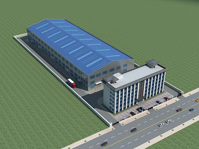 Industrial Factory Building With Blue Roof Adjacent Multi Story Office Parking Lot And Green Lawn 3d model