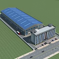Industrial Factory Building With Blue Roof Adjacent Multi Story Office Parking Lot And Green Lawn