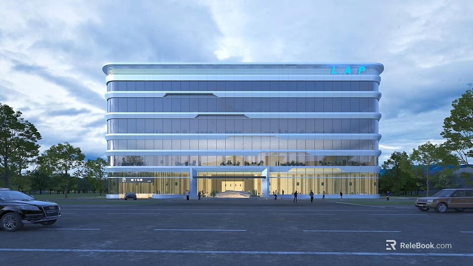 Modern Glass Facade Office Building With Contemporary Architectural Design And Front Entrance Area 3d model 