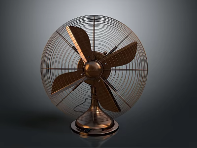 Copper Colored Electric Fan With Metal Mesh Guard Blades And Stable Base 3d model