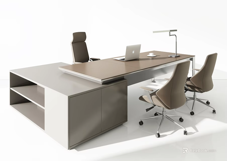 Modern Office Desk with Laptop Desk Lamp Storage Shelves and Two Office Chairs 3d model 