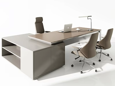 Modern Office Desk with Laptop Desk Lamp Storage Shelves and Two Office Chairs 3d model