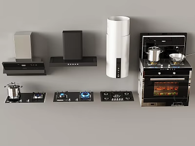 Modern Kitchen Featuring Various Essential Kitchen Appliances Like Stoves Hoods And Ovens 3d model