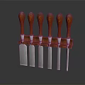 Six Kitchen Knives With Wooden Handles And Metal Blades In Storage Rack