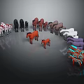 Colorful Horses Of Various Sizes In Circular Arrangement As 3D Models On Gray Background