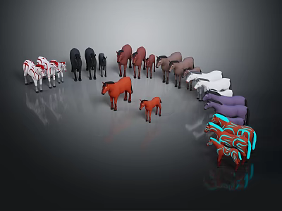 Colorful Horses Of Various Sizes In Circular Arrangement As 3D Models On Gray Background 3d model