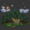 Scenic Island Landscape with Tall Pine Trees Thatched Cottage Path Grass Sun Clouds and Stars