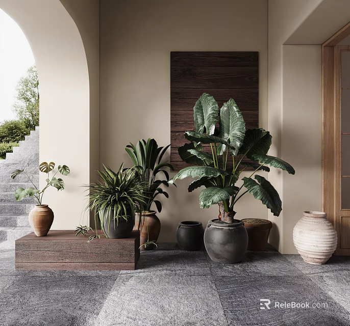 Bonsai Potted Plants Display With Various Greenery And Different Material Pots On Steps 3d model