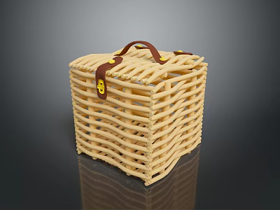 Woven Wicker Basket With Leather Handle And Metal Buckle For Household Storage 3d model