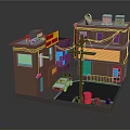 Cartoon Scene of Urban Buildings with Street Pole Lamp Car and Trash Can
