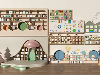 Kindergarten Bookshelf Kindergarten Bookcase Reading Room Kindergarten Tables and Chairs 3d model