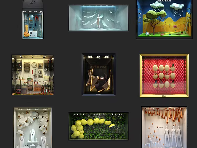 Various Creative Themed Retail Window Display Designs For Distinct Store Brand Unique Visual Marketing 3d model