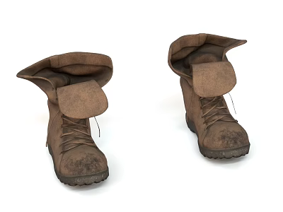 Brown Distressed Leather Boots With Fold Over Cuffs Laces And Rugged Soles 3d model