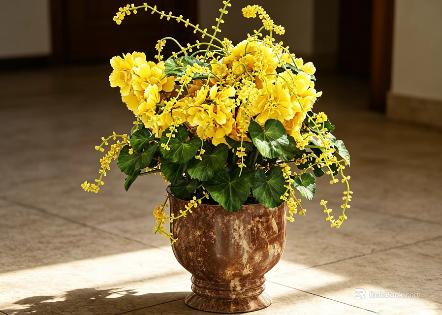 Bonsai Potted Plant with Yellow Flowers and Green Leaves in Brown Vintage Pot and Sunlight 3d model 