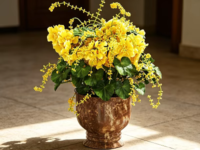 Bonsai Potted Plant with Yellow Flowers and Green Leaves in Brown Vintage Pot and Sunlight 3d model