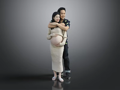 Expectant Couple Embracing Tenderly With Hands On Pregnant Belly Against Simple Gray Background 3d model