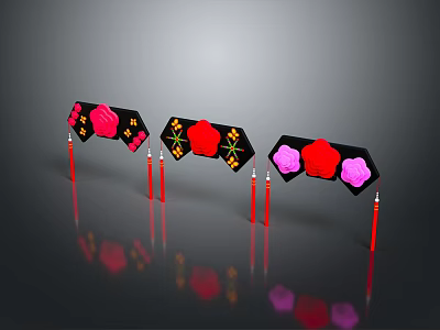 Fashionable Clothing Accessories With Black Hexagon Red Pink Flower Designs And Red Poles 3d model