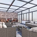 Villa Balcony Enclosed Sunroom with Glass Roof Windows Sofa and Mahjong Table