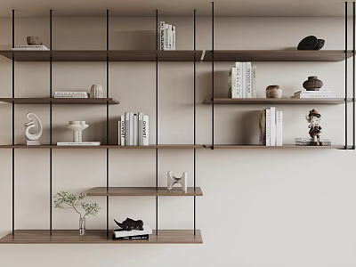 Modern Shelving Unit With Wooden Shelves Black Metal Frame Books Decorative Items And Potted Plant 3d model