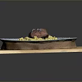 Delicious Roasted Meat With Yellow Rice On Blue White Striped Plate And Wooden Cutting Board