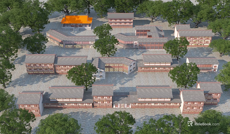 Traditional Ancient Architecture Complex With Red Walls Gray Tiles Courtyard Layout And Trees 3d model 