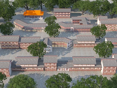 Traditional Ancient Architecture Complex With Red Walls Gray Tiles Courtyard Layout And Trees 3d model