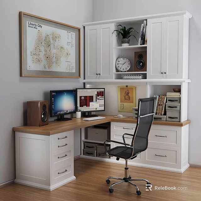Modern Wooden Desk With Computer Monitors Office Chair Plant Clock White Cabinets And Map Decor 3d model 